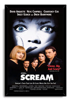 Scream framed wall art print presents a fearful blue-eyed face, cast portraits, red review text, and white title on black.
