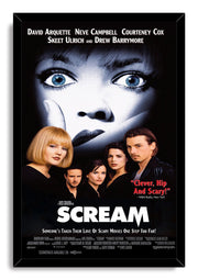 Scream framed wall art print presents a fearful blue-eyed face, cast portraits, red review text, and white title on black.