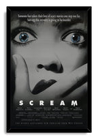 Scream movie framed wall art print with black border, a grayscale woman's face, blue eyes, hand over mouth, and title text.