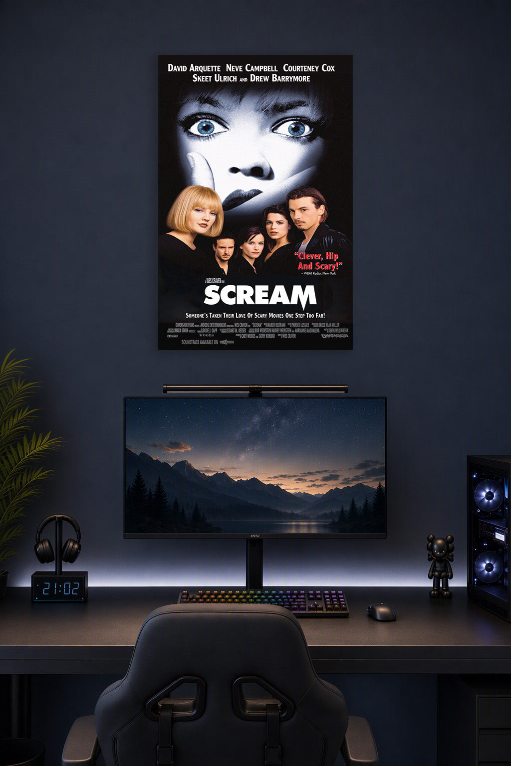 Scream Movie in a gaming desk setup above a monitor.