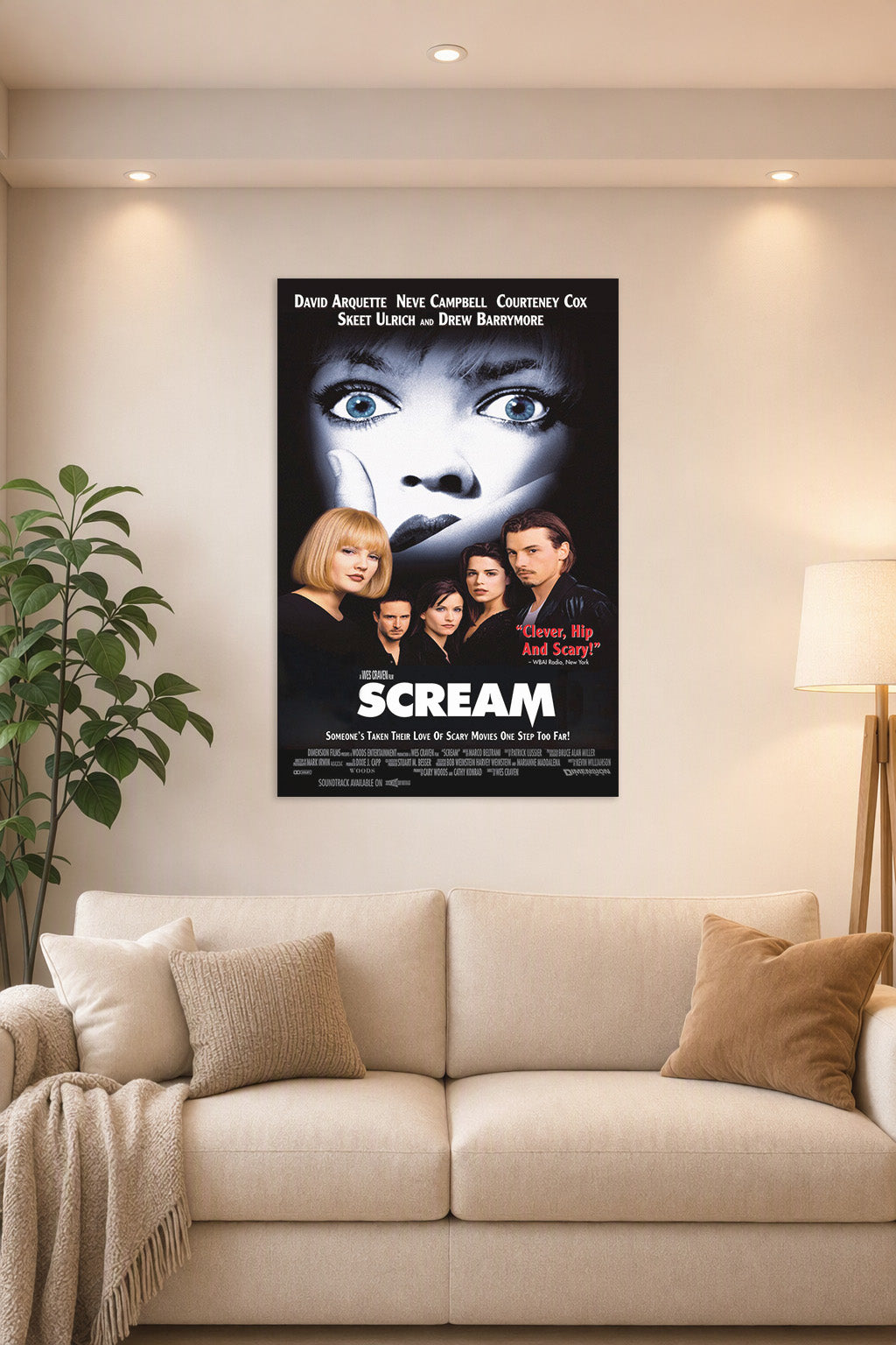Scream Movie in a bright living room above a beige sofa.