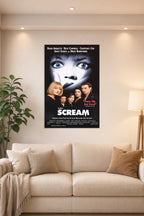 Scream Movie in a bright living room above a beige sofa.