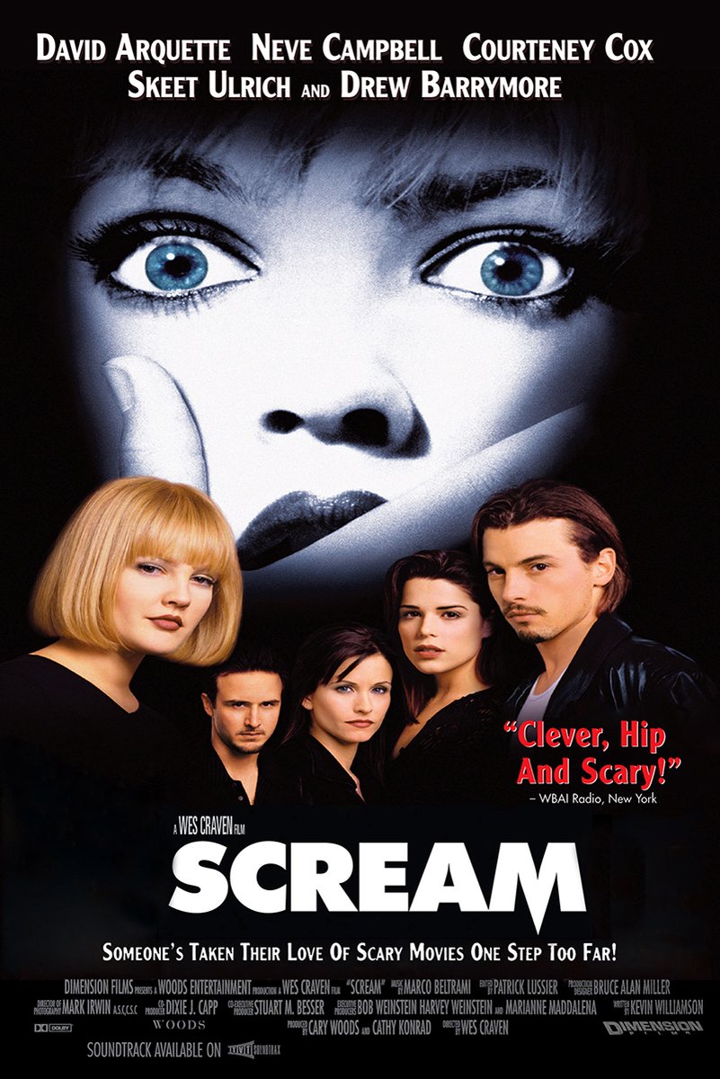 Scream poster features a wide-eyed woman with a hand over her mouth above five cast portraits on a black background.