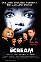 Scream poster features a wide-eyed woman with a hand over her mouth above five cast portraits on a black background.