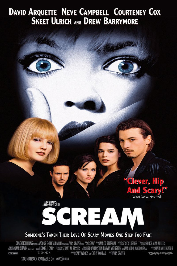Scream poster features a wide-eyed woman with a hand over her mouth above five cast portraits on a black background.