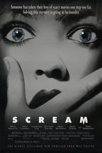 Scream movie poster wall art print with a grayscale close-up of a terrified woman, vivid blue eyes, and a hand over her mouth.