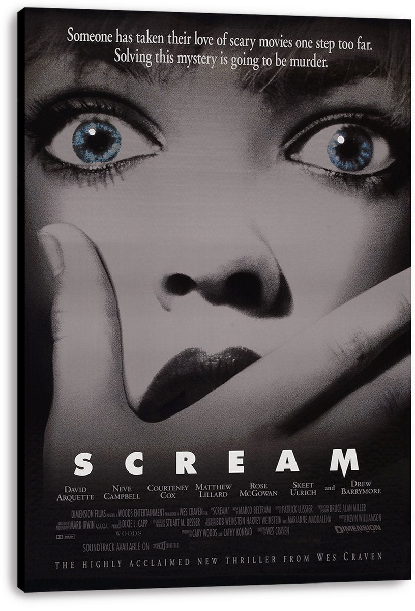 Scream canvas wall art print displays a grayscale frightened face with vivid blue eyes, a covered mouth, and bold white title text.