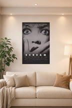 Scream Movie Horror Film in a bright living room above a beige sofa.