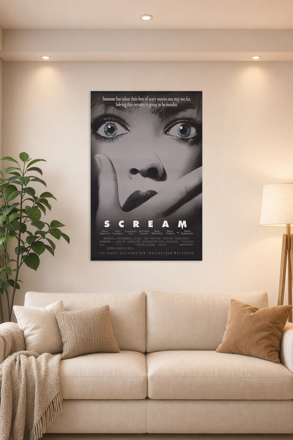 Scream Movie Horror Film in a bright living room above a beige sofa.