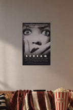 Scream Movie Horror Film in a cozy movie room above a brown sofa with popcorn.