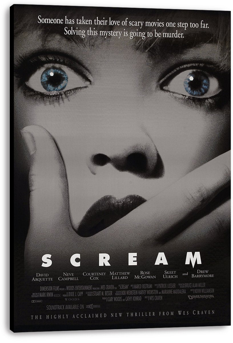 Scream movie poster canvas print featuring a grayscale close-up of a terrified woman with blue eyes and hand over mouth.