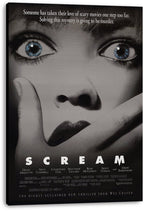 Scream movie poster canvas print featuring a grayscale close-up of a terrified woman with blue eyes and hand over mouth.