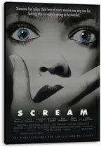 Scream movie poster canvas wall art with a black-and-white frightened face, bright blue eyes, cover-mouth gesture, and bold white title.