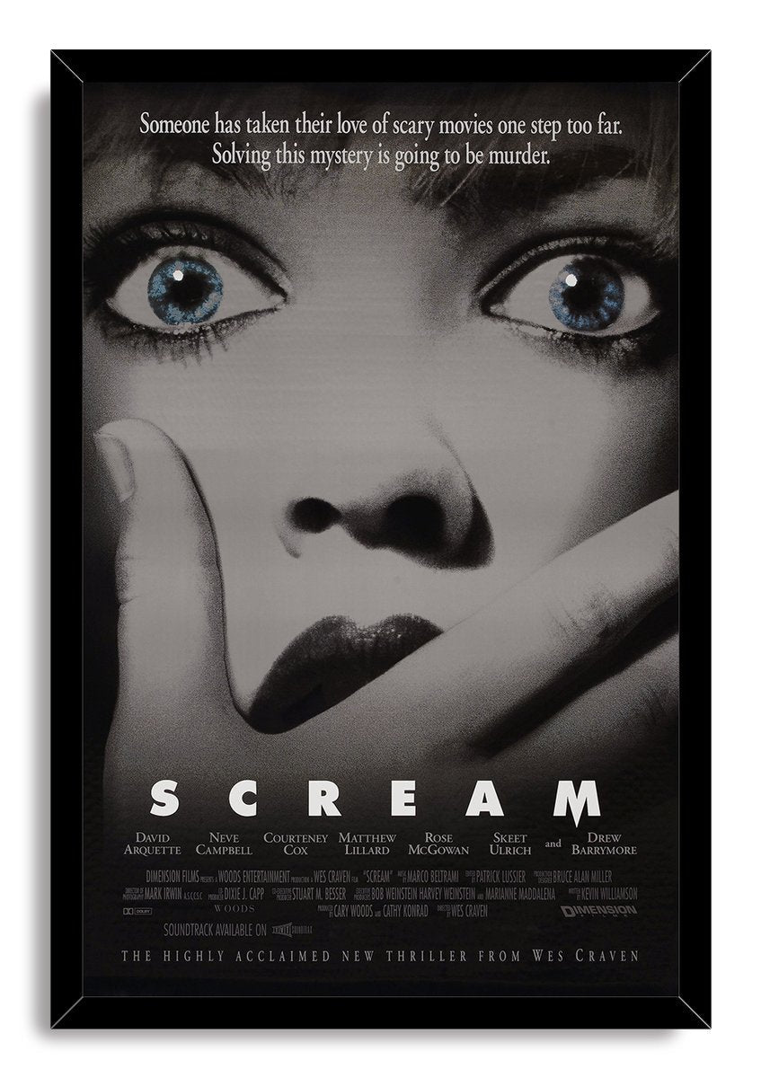 Scream movie poster wall art print in a black frame, featuring blue eyes, a covered mouth, and bold white title text.