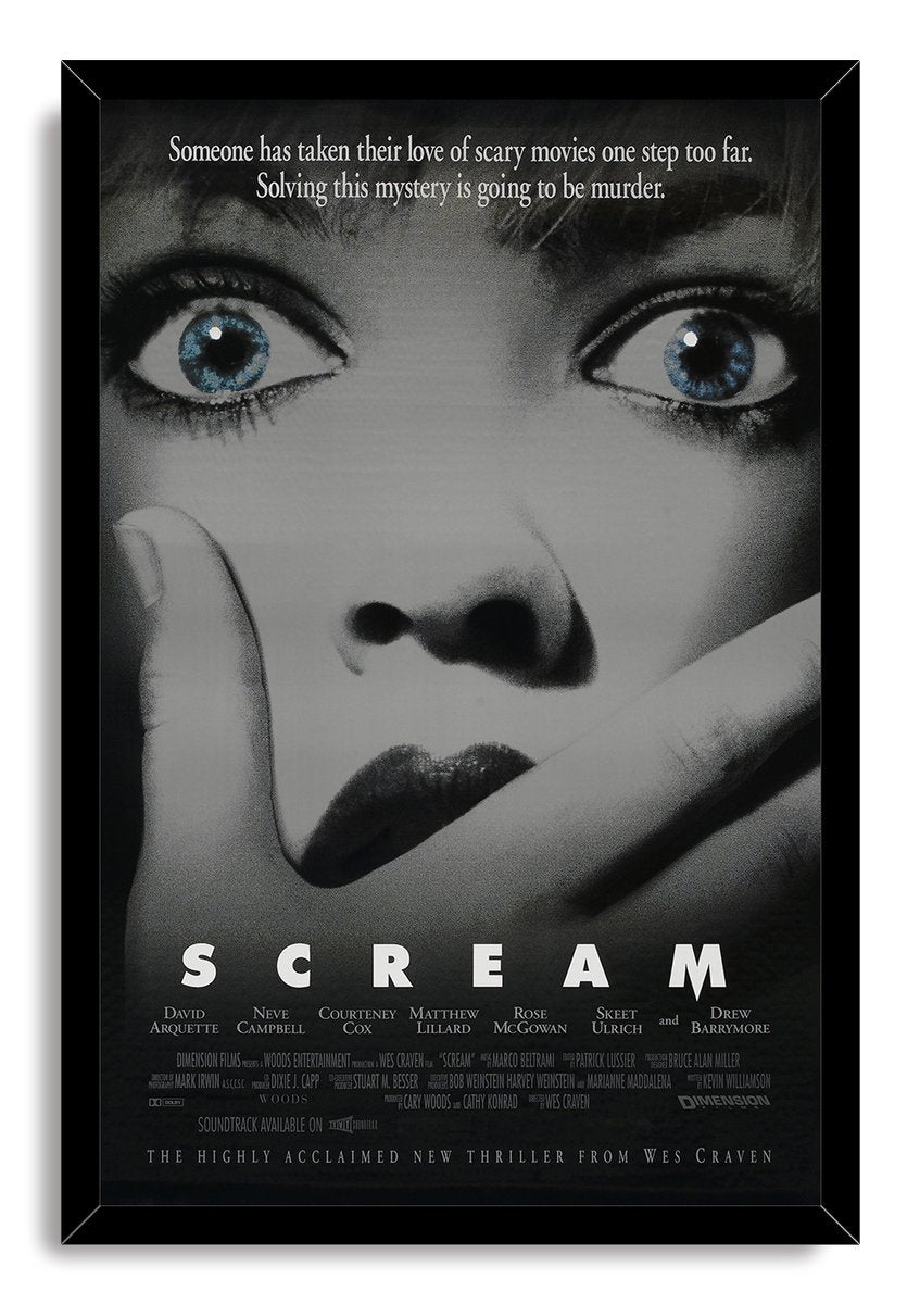 Scream movie poster framed wall art print featuring a monochrome close-up, piercing blue eyes, hand over mouth, and black frame.
