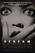 Scream movie poster wall art print with a frightened woman covering her mouth, piercing blue eyes, and black-and-white design.