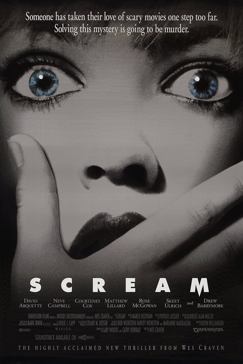 Scream movie poster wall art print with a frightened woman covering her mouth, piercing blue eyes, and black-and-white design.