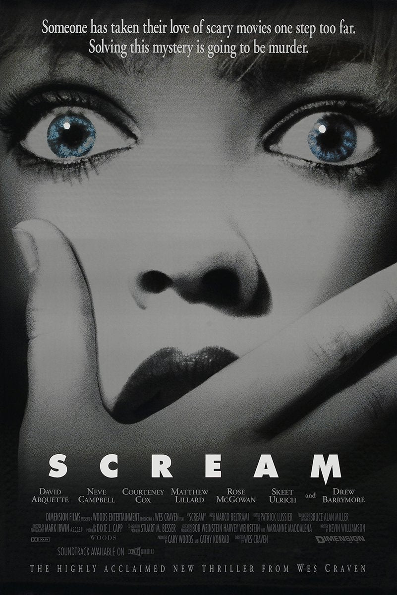 Scream movie poster wall art print featuring a grayscale close-up of a woman's face, vivid blue eyes, and a hand over her mouth.