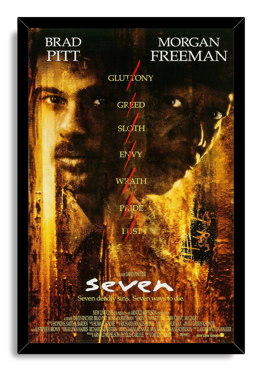 Se7en framed wall art print in a black frame, featuring intense actor portraits, red marks, and the seven deadly sins list.