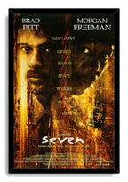 Se7en framed wall art print in a black frame, featuring intense actor portraits, red marks, and the seven deadly sins list.