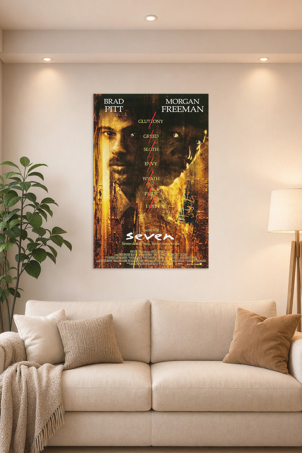 Se7en Movie in a bright living room above a beige sofa.