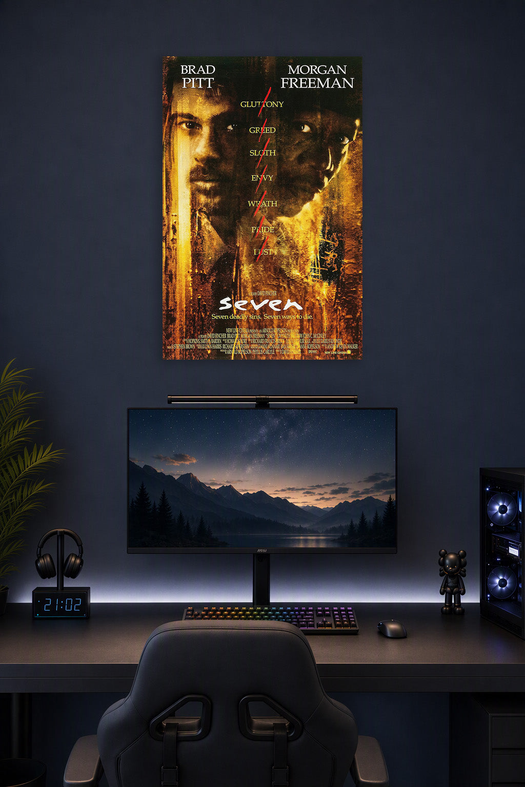 Se7en Movie in a gaming desk setup above a monitor.