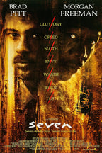 Se7en movie poster wall art print with shadowed Brad Pitt and Morgan Freeman portraits, gold textures, and red slashes through the seven sins.