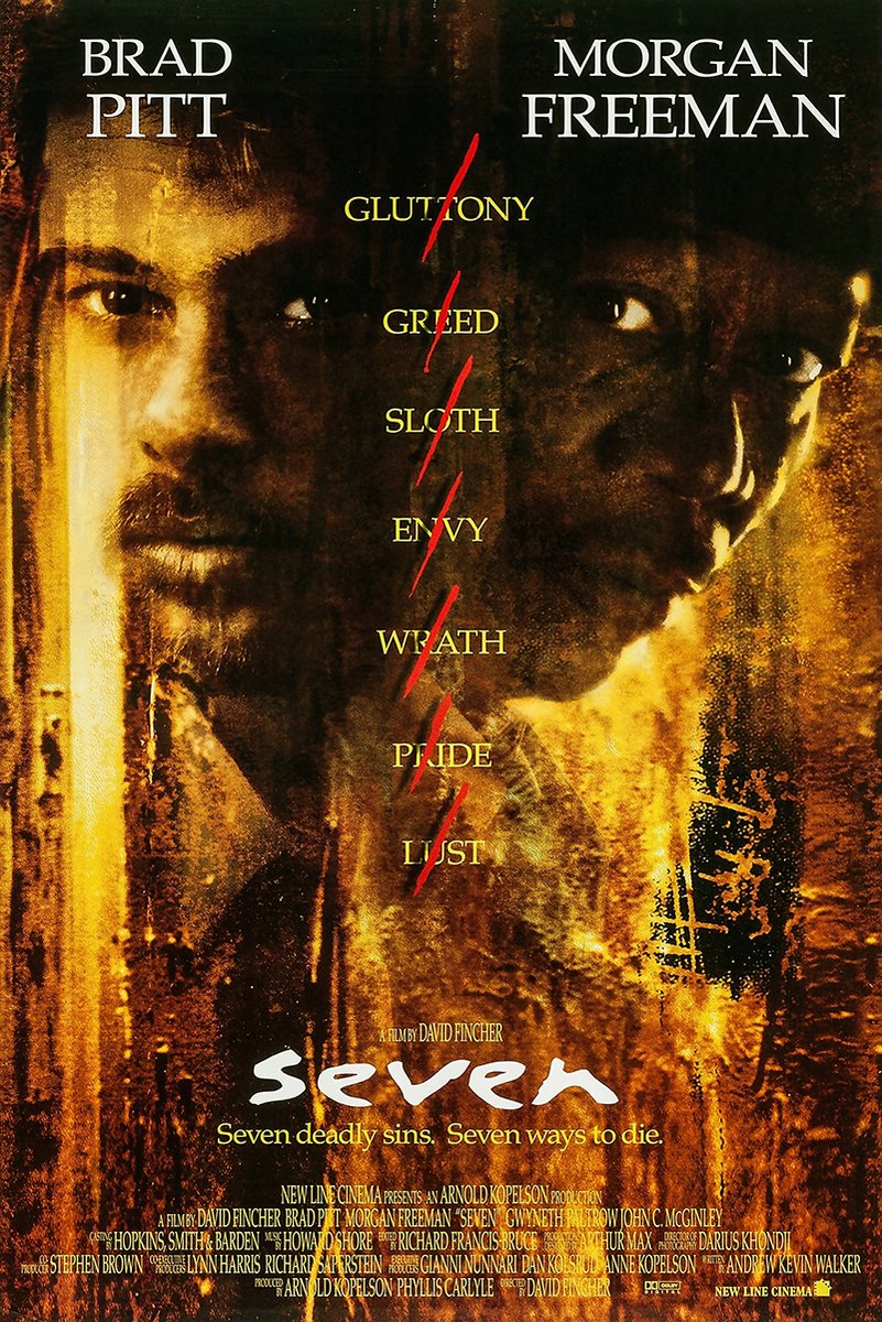 Se7en movie poster wall art print with shadowed Brad Pitt and Morgan Freeman portraits, gold textures, and red slashes through the seven sins.