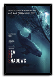 Sea of Shadows framed wall art print depicts a vaquita in a deep blue ocean below waves and a distant helicopter.