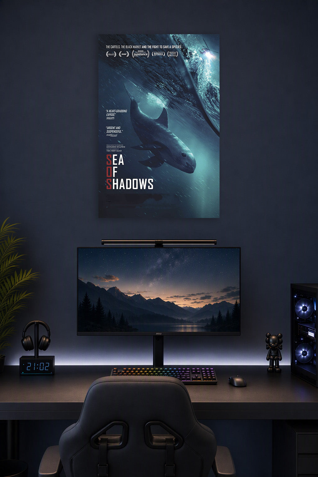 Sea of Shadows Vaquita in a gaming desk setup above a monitor.