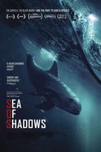 Sea of Shadows poster features a vaquita swimming through dark blue water beneath a bright surface light and helicopter.