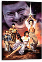 Seinfeld Star Wars parody canvas wall art print features four costumed characters against a purple, orange, and starry space scene.