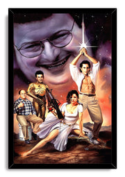 Framed Seinfeld Star Wars parody wall art print portrays Jerry raising a glowing sword beside Elaine, George, and a giant Kramer face.