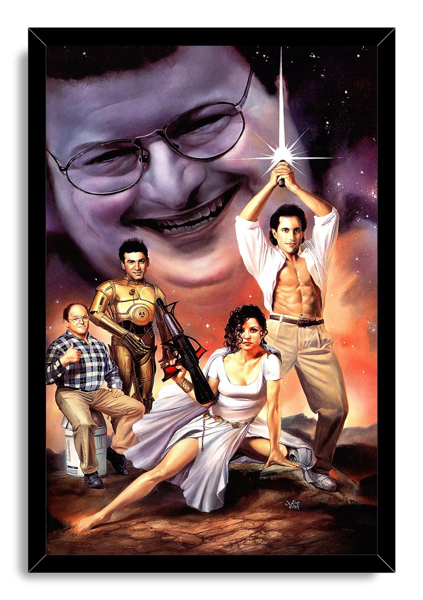 Framed Seinfeld Star Wars parody wall art print portrays Jerry raising a glowing sword beside Elaine, George, and a giant Kramer face.