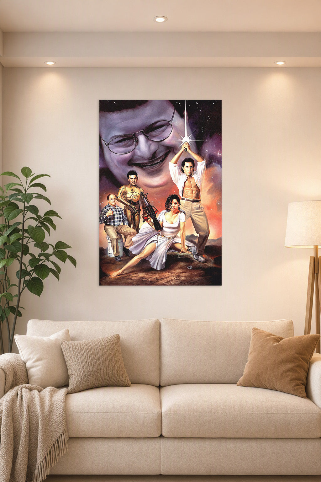 Seinfeld Star Wars Parody in a bright living room above a beige sofa.