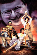 Seinfeld Star Wars parody poster depicts Jerry with a glowing sword, Elaine in white, George as a gold robot, and Kramer above.