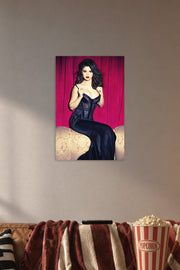 Selena Gomez in a cozy movie room above a brown sofa with popcorn.