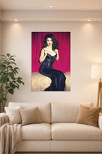 Selena Gomez in a bright living room above a beige sofa.