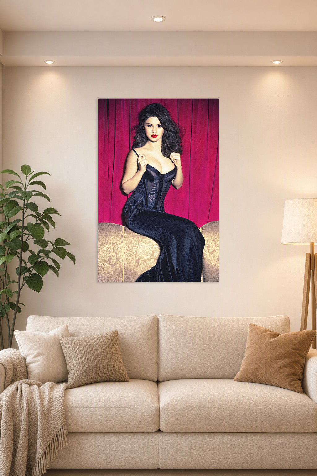 Selena Gomez in a bright living room above a beige sofa.