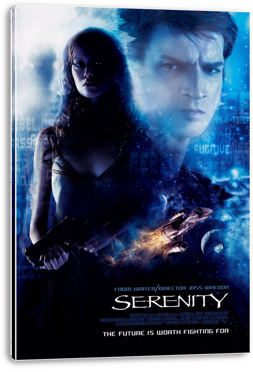 Serenity canvas wall art print featuring two dramatic blue-lit portraits, a woman with a gun, and a spacecraft in space.