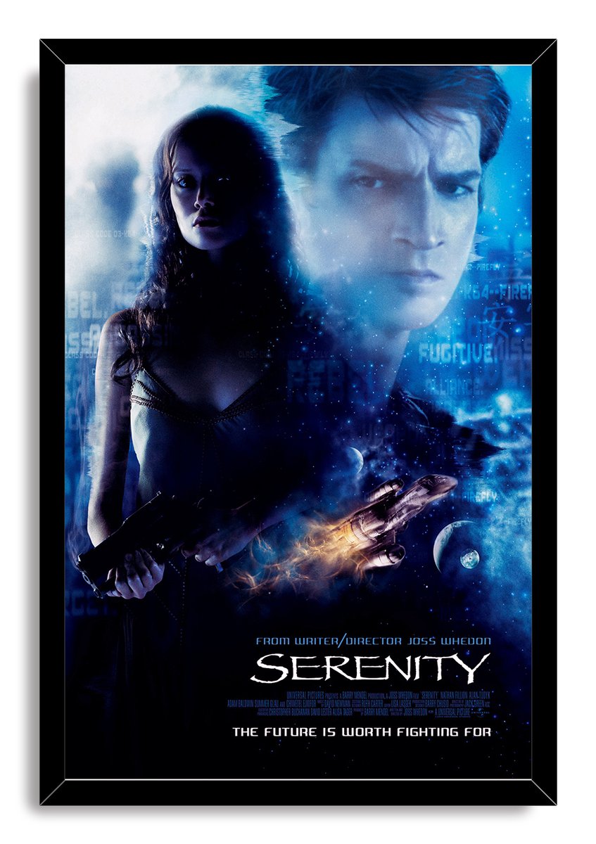 Serenity framed wall art print with a black border, blue cosmic portraits, a gun-wielding woman, and a glowing spaceship.