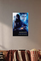 Serenity Movie in a cozy movie room above a brown sofa with popcorn.