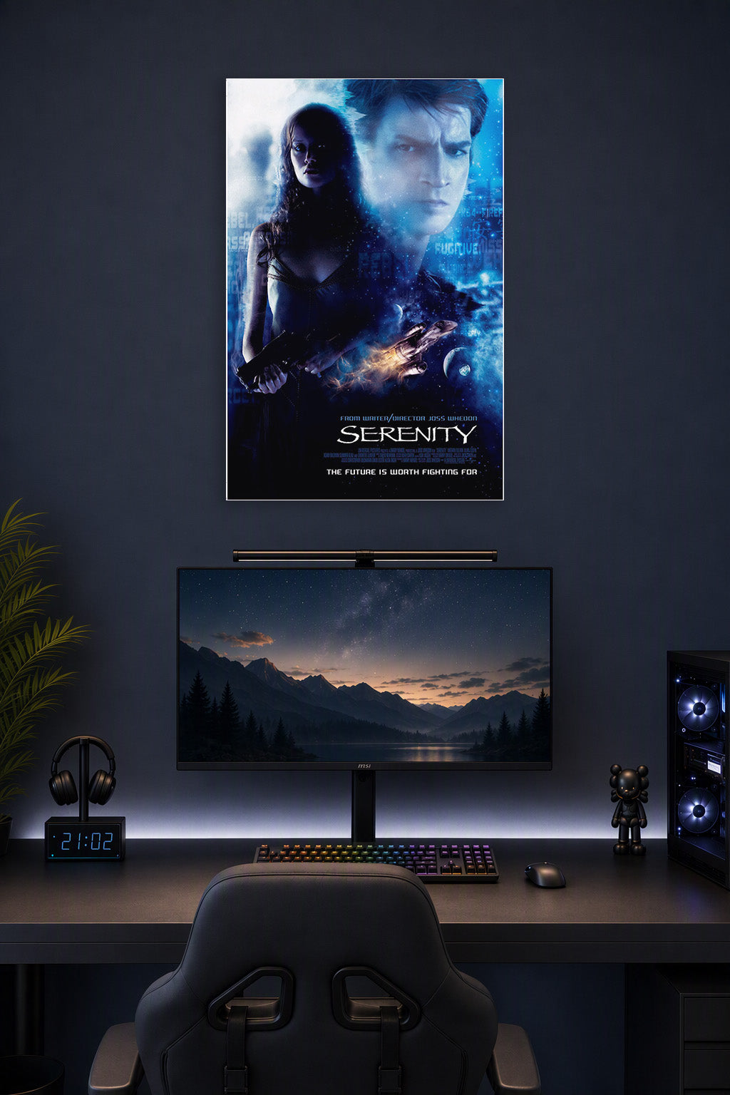 Serenity Movie in a gaming desk setup above a monitor.