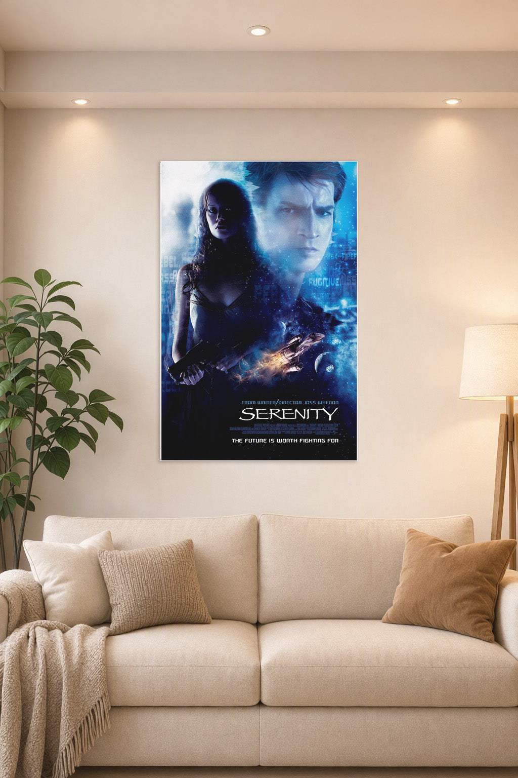 Serenity Movie in a bright living room above a beige sofa.