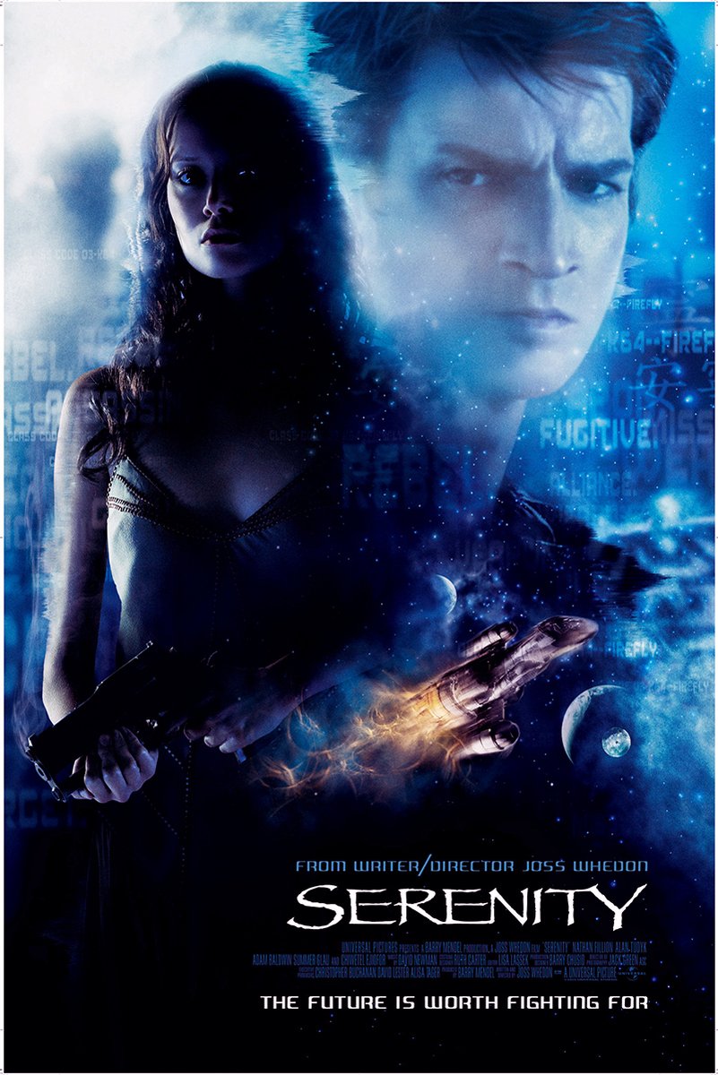 Serenity movie poster with a shadowed woman holding a gun, a man's blue-toned face, spaceship, planets, and star field.