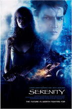 Serenity movie poster with a shadowed woman holding a gun, a man's blue-toned face, spaceship, planets, and star field.