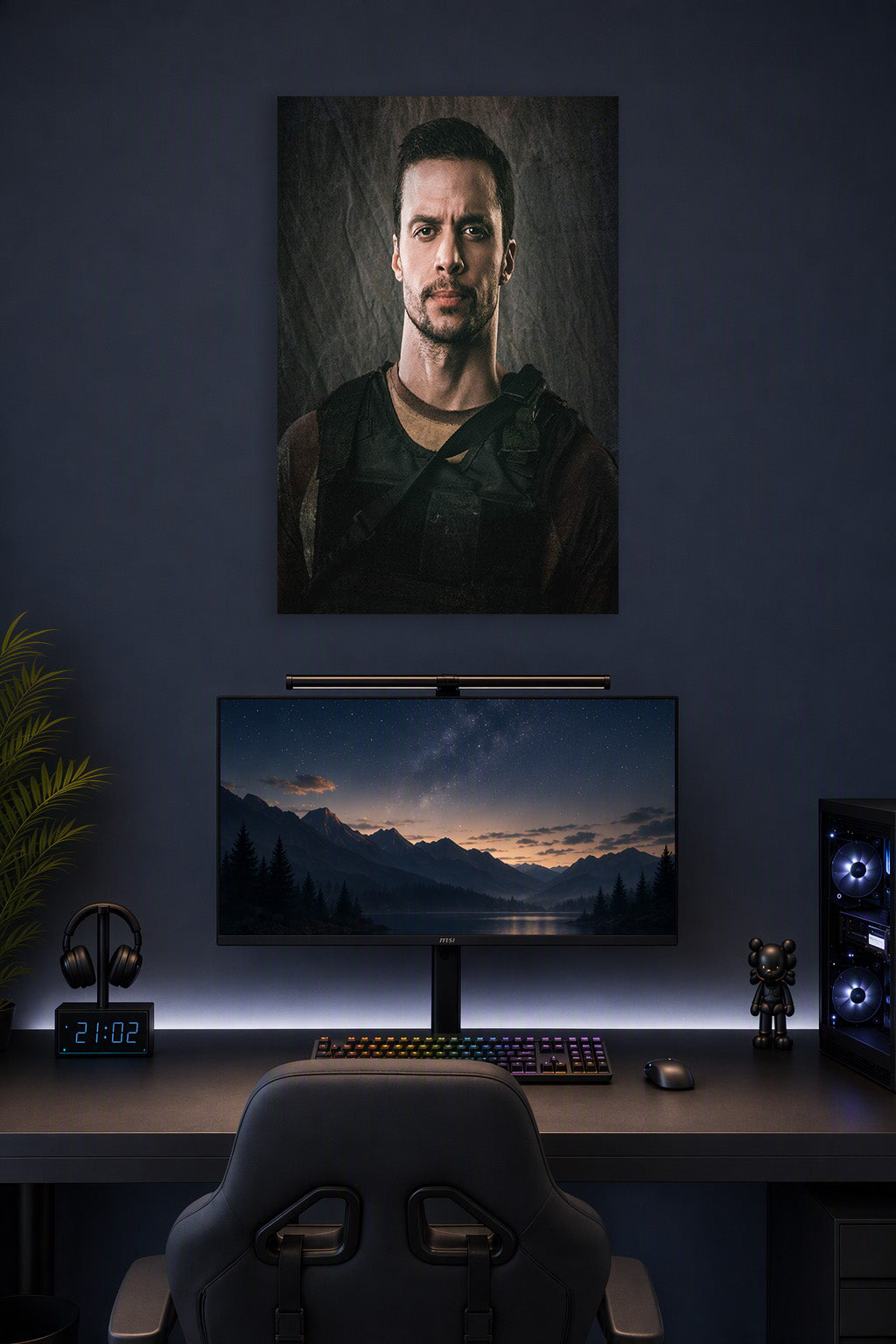 Serious Man in Tactical Gear in a gaming desk setup above a monitor.