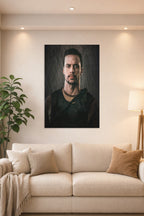 Serious Man in Tactical Gear in a bright living room above a beige sofa.