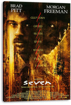 Seven canvas wall art print featuring shadowed Brad Pitt and Morgan Freeman portraits, yellow sin names crossed by red marks, and visible wrapped edges.