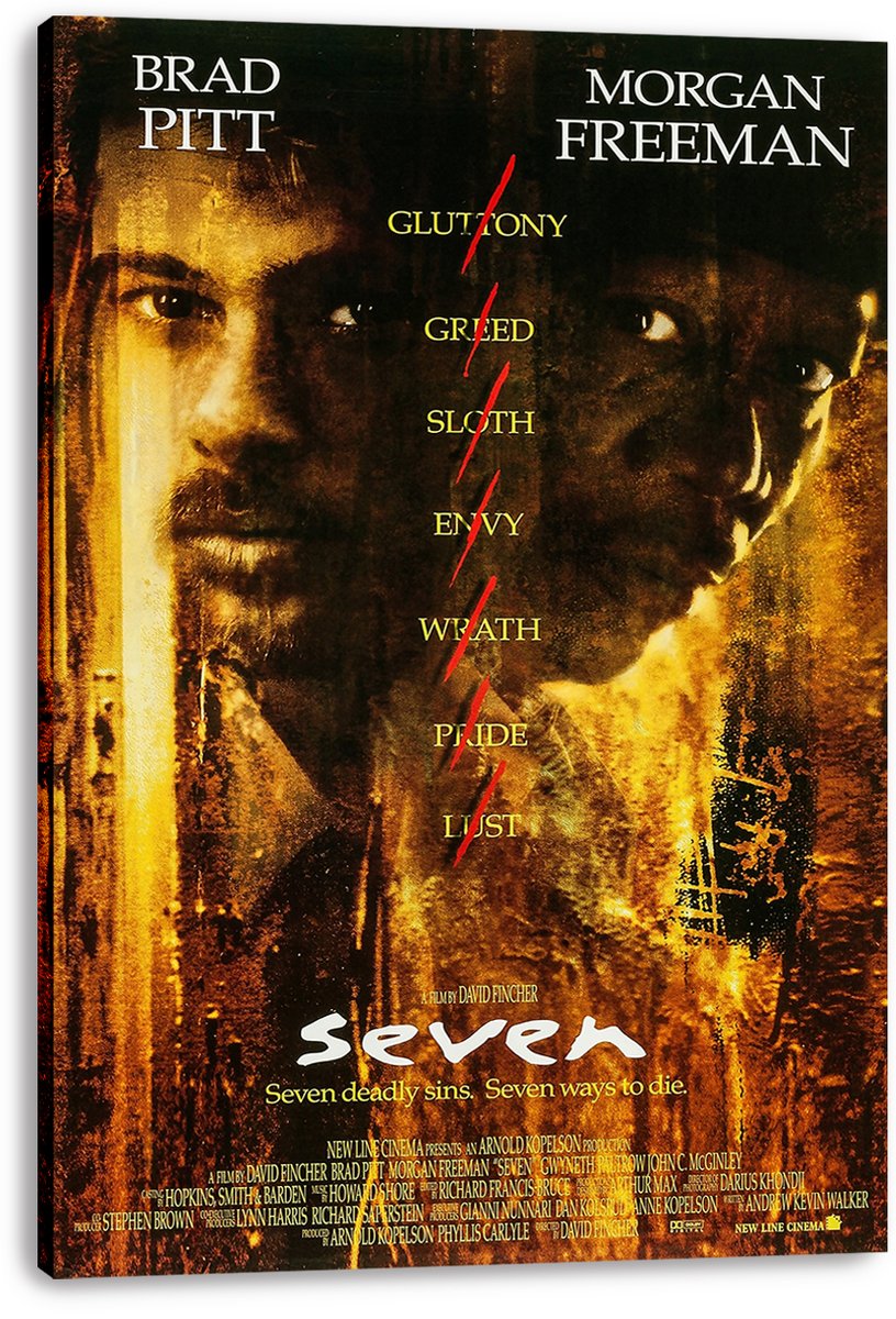 Seven canvas wall art print featuring shadowed Brad Pitt and Morgan Freeman portraits, yellow sin names crossed by red marks, and visible wrapped edges.